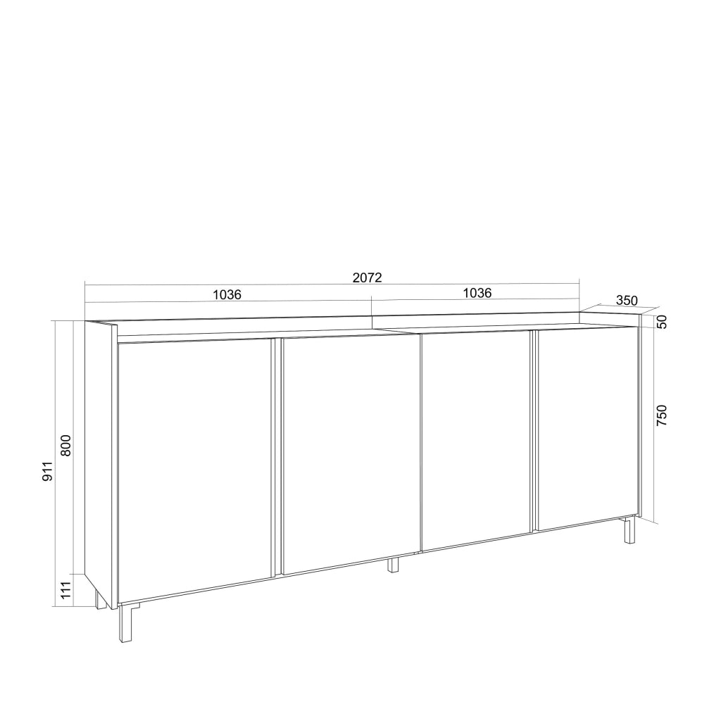 Credenza, Mobile, Cucina, 207x91x35 cm, 4 Porte, Design industriale, LED, Rovere scuro e Nero