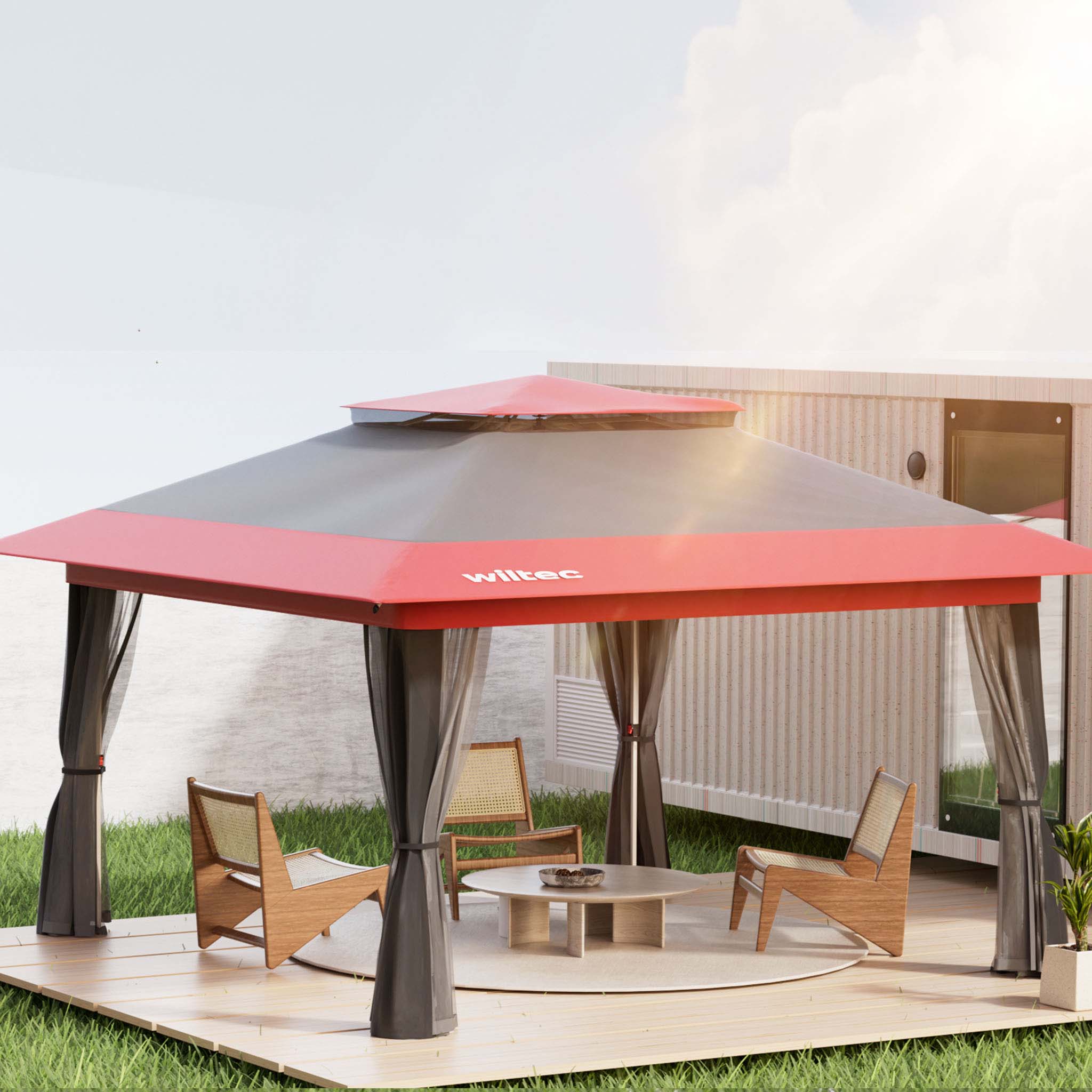 Gazebo pieghevole con zanzariera, grigio rosso 3,92 x 3,92 m, impermeabile, UV 50+, Tendone per feste
