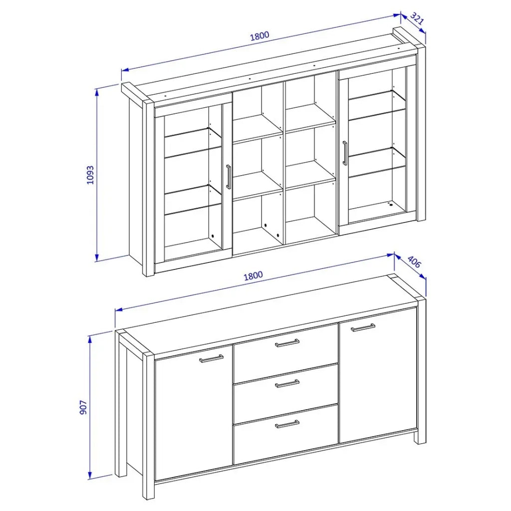 Set buffet e credenza con illuminazione LED collezione TIVORA. Mobile 4 porte, 3 cassetti. Colore quercia e nero.