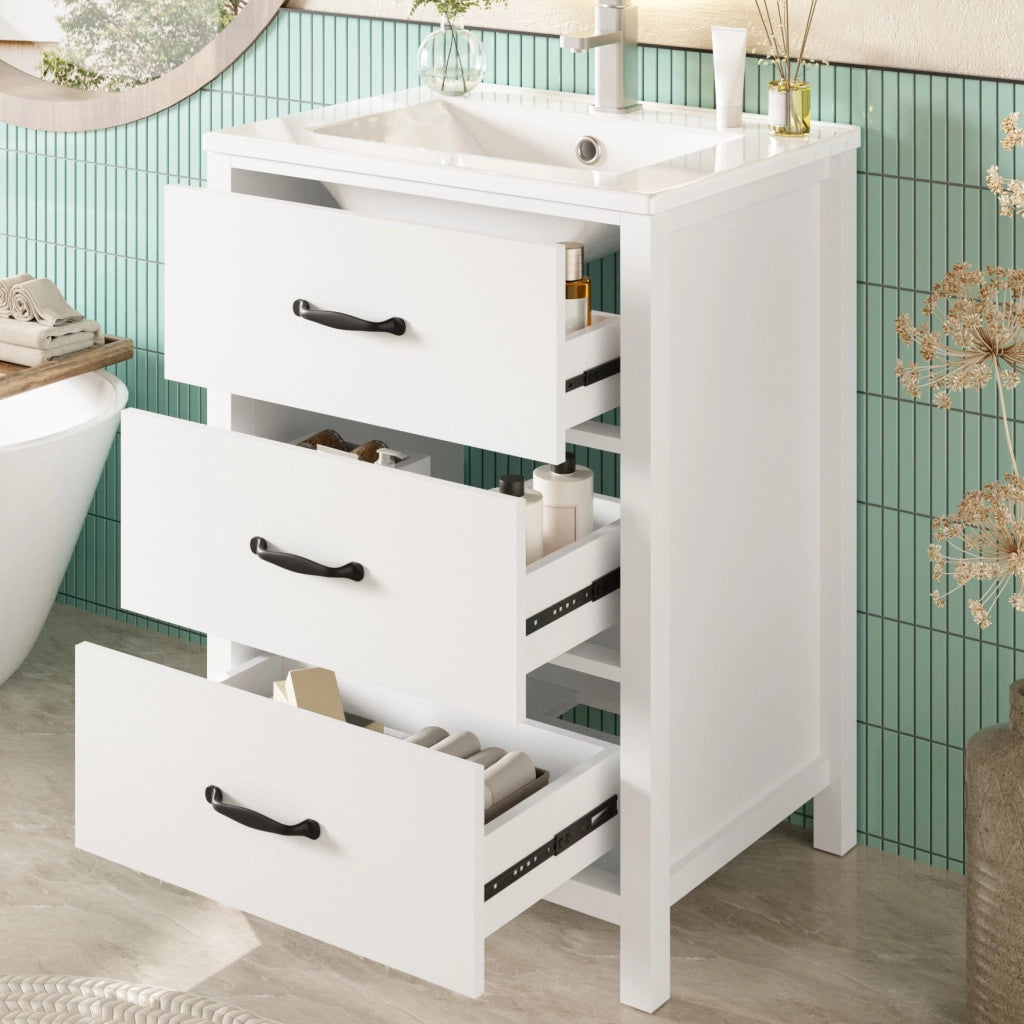 Mobile sottolavabo con lavabo in ceramica, 3 cassetti e vani contenitore, per bagno, bianco, 61 × 47 × 83 cm