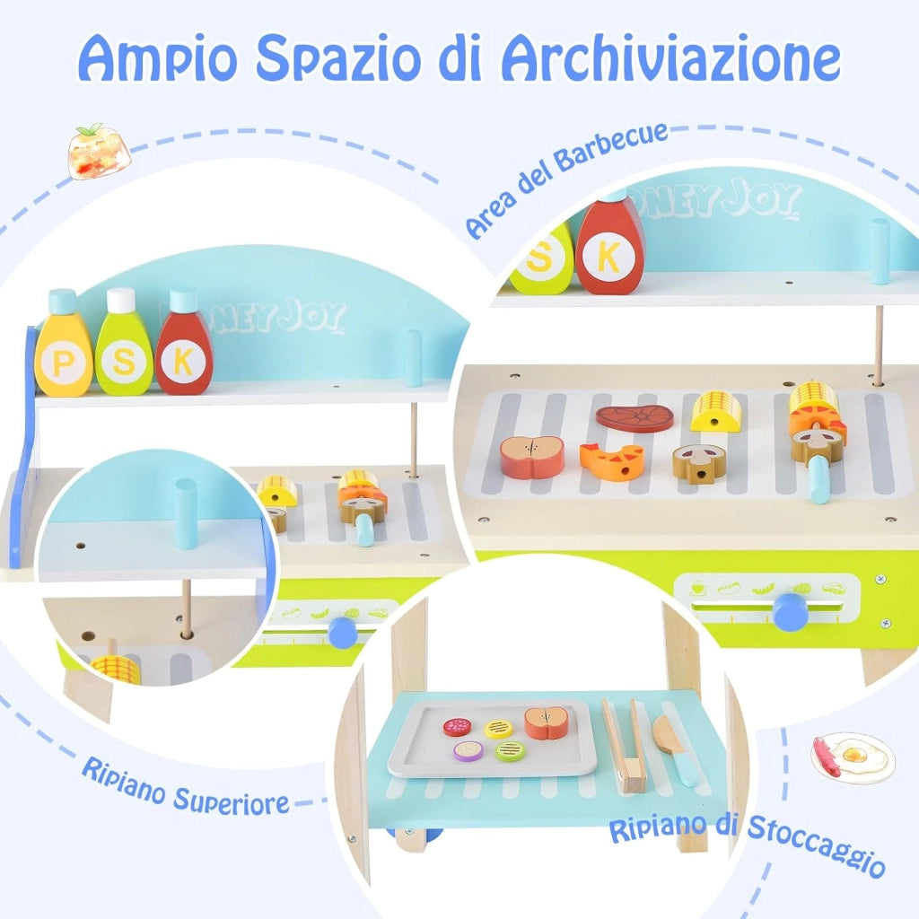 Set da Gioco Barbecue per Bambini, Set da Barbecue Giocattolo con Utensili da Grigliata in Legno e Alimenti Giocattolo, Maniglia Scorrevole e Ruote Lisce