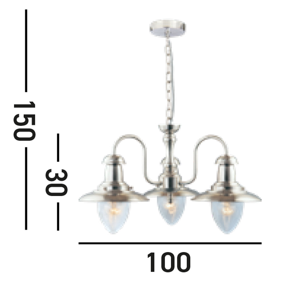 Lampadario Classico Fisher Man Acciaio Argento Vetro 3 Luci E27