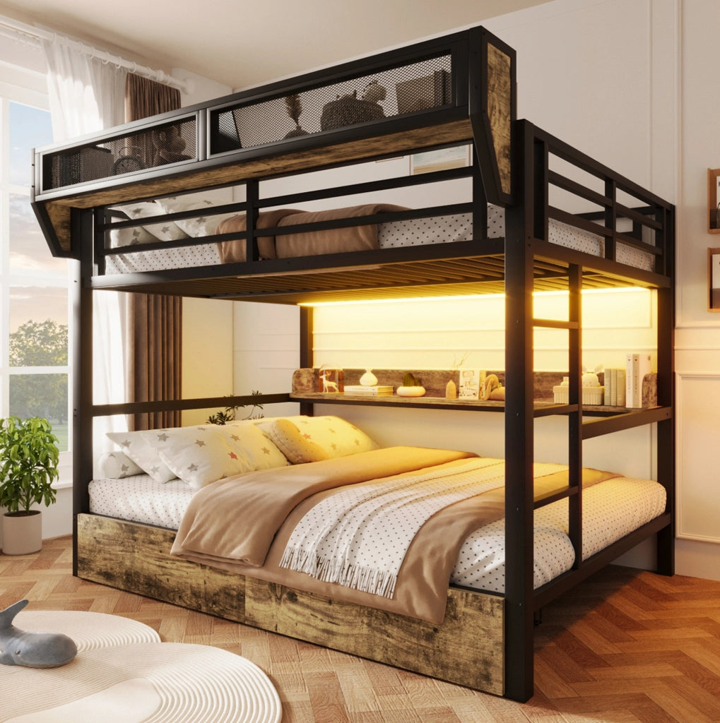 Letto a castello 140x200 cm con LED, cassetti e ripiani