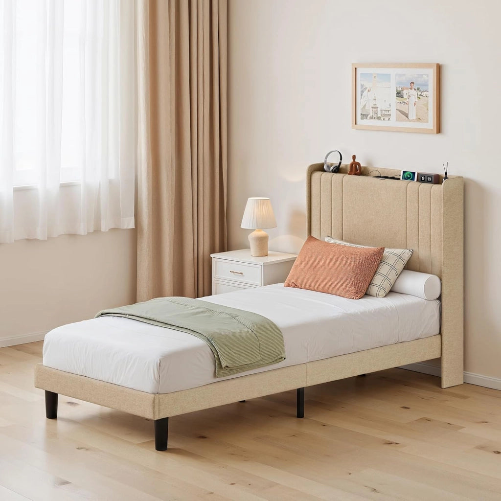 Letto singolo imbottito,PiattaformaStruttura letto,90 x 200CM,con luce LED(2 Prese CA 2 Porte USB),con Testiera,Per le camere degli ospiti e le camere da letto,Beige