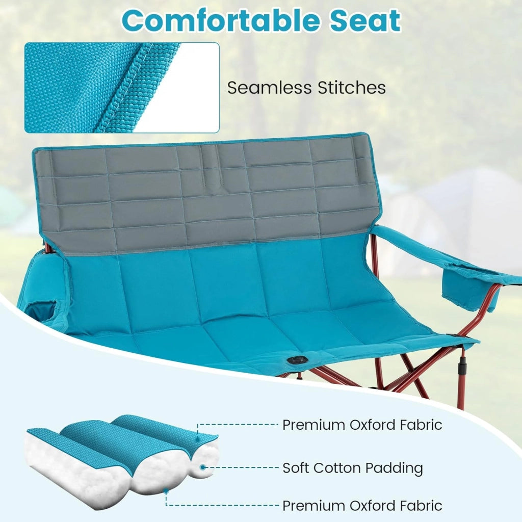 Sedia da campeggio pieghevole a 3 posti, con braccioli regolabili, portabicchieri e borsa per il trasporto, sedia da campeggio per esterni, giardino e balcone, portata fino a 408 kg (blu +