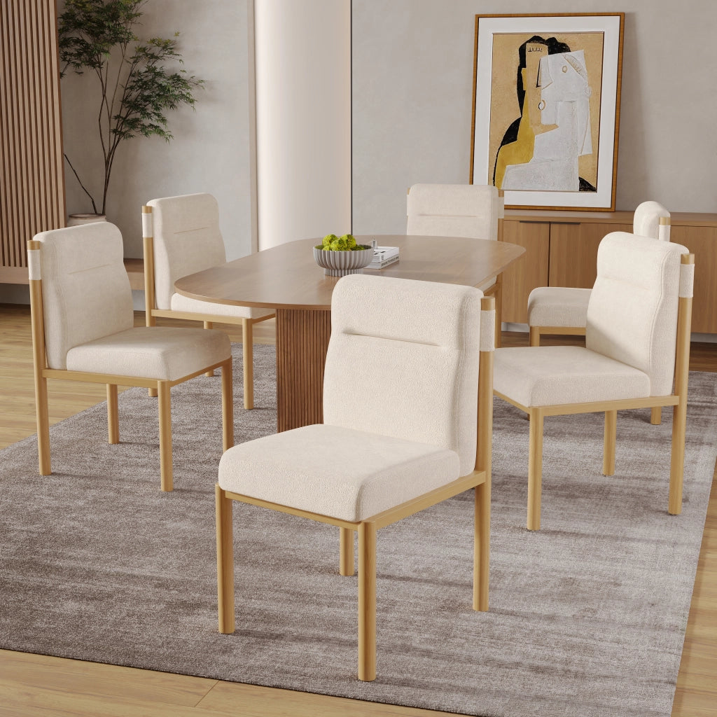Sedie da pranzo 6 pezzi con seduta imbottita e schienale, struttura in metallo e rivestimento in sherpa beige
