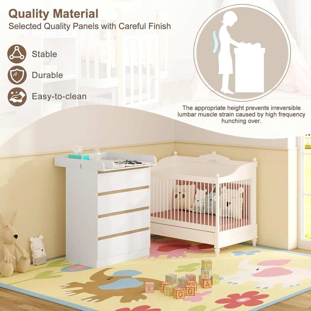 Mobile Fasciatoio per Bambini, Cassettiera con 4 Cassetti, Cassettone con Ripiano Fasciatoio Rimovibile, in Legno MDF e Truciolare, Bianco+Rovere