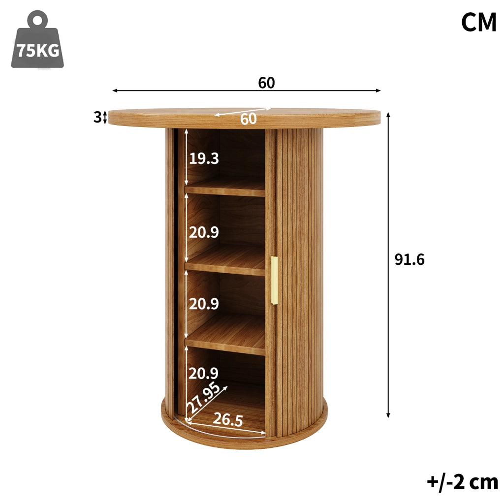 Tavolo da bar rotondo con 4 ripiani e anta scorrevole, per soggiorno e bar, in MDF e metallo, effetto legno, 60 × 60 × 91.6 cm