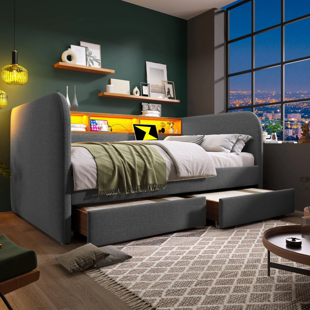 Letto imbottito 140x190 cm con LED; USB C; 2 cassetti e testiera contenitore; lino grigio