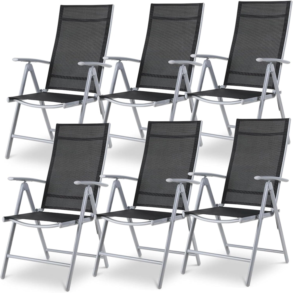 Sedia da giardino con schienale alto, set da 6 pezzi, in alluminio, con schienale regolabile in 7 posizioni, sedia da balcone, sedia da campeggio, traspirante e resistente alle intemperie, 6