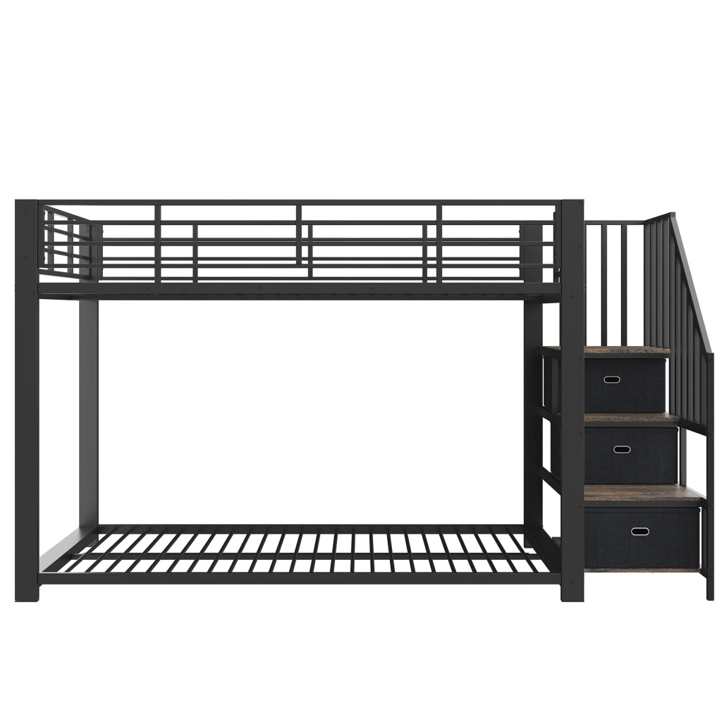 Letto a castello 90x200 cm con scala contenitore; LED e prese in MDF e metallo nero