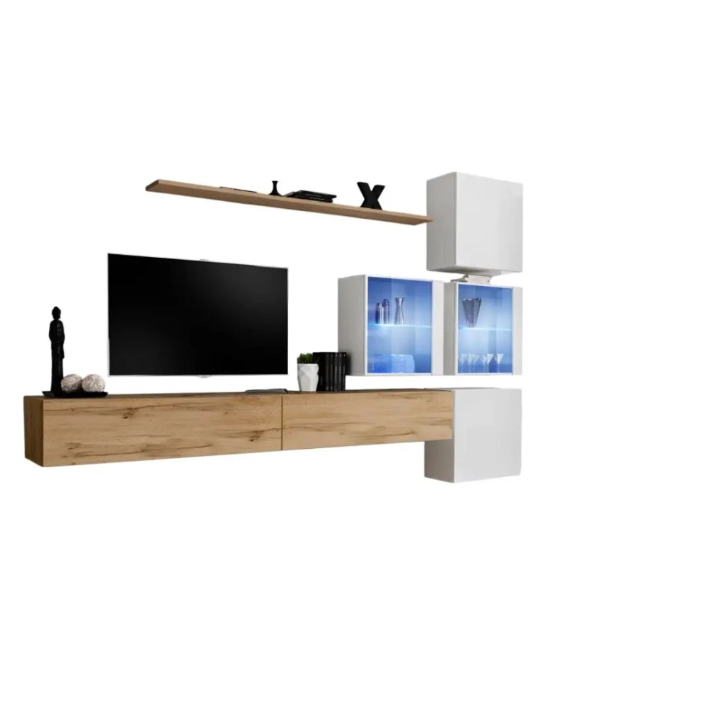 Set di mobili da salotto SWITCH XIX design, colore quercia Wotan e bianco lucido.