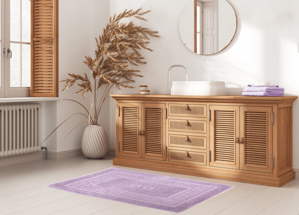 Tappeto Bagno Doccia Spugna Tinta Unita Torino Tappetino Super Assorbente In Cotone Pelo Corto Con Greca - Parure 3 Pezzi - Lilla