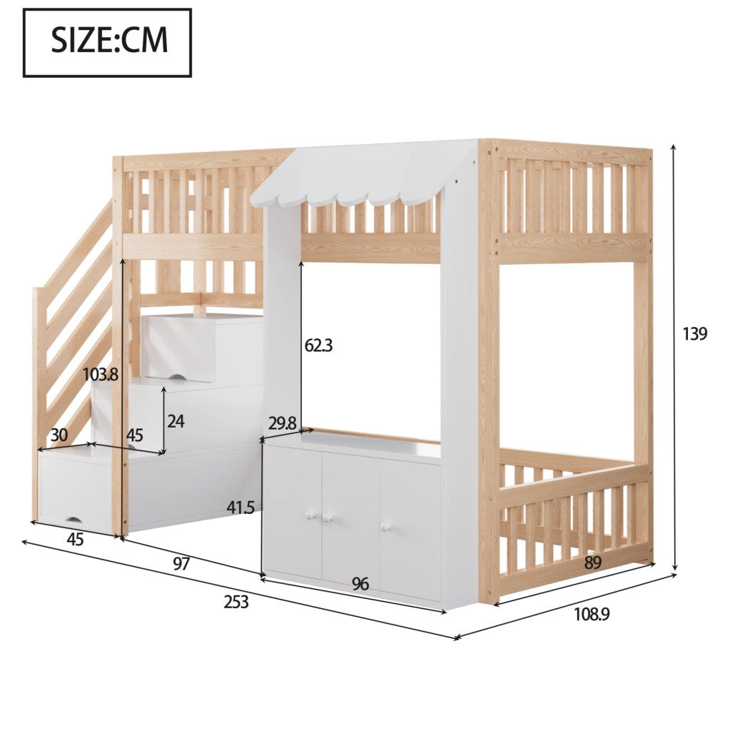 Letto a soppalco singolo 90x200 cm in legno colore legno; con scala contenitore e LED