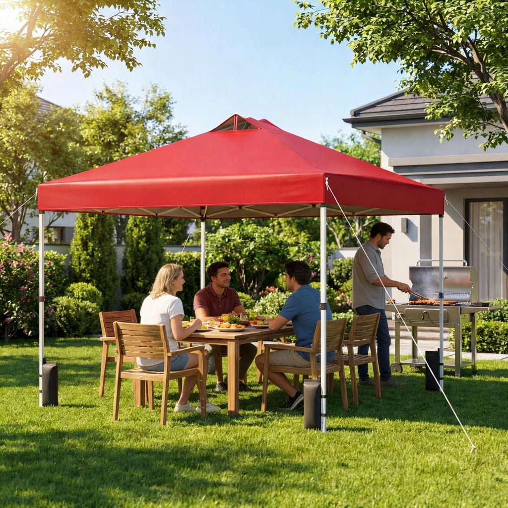 Gazebo Pieghevole Pop-up da 3 x 3 m, Gazebo da Giardino Impermeabile con Blocco Centrale, Borsa da Trasporto, Sacchi di Sabbia e Picchetti, Regolabile in Altezza (Rosso)