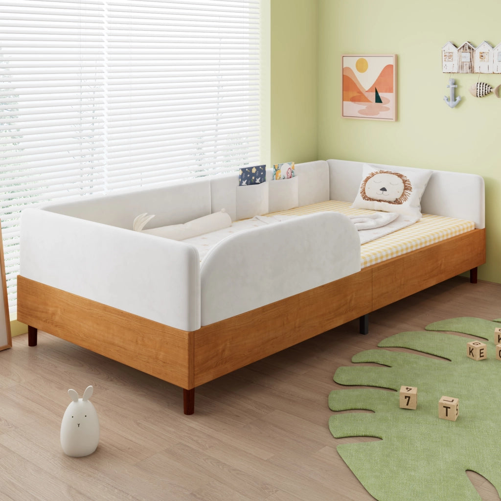 Letto singolo imbottito in velluto e legno 90x200 bianco 2 tasche bordo antiurto