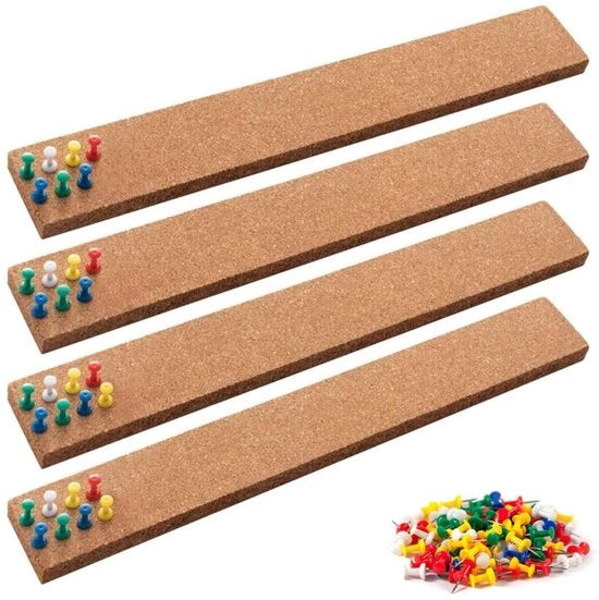 Prikbord Strips in Kurk - 4 Stuks - Totale Lengte 38x5 cm - Peso Leggero/Resistente - Adatto per Memo/Documenti - Totale Lunghezza 38x5 cm