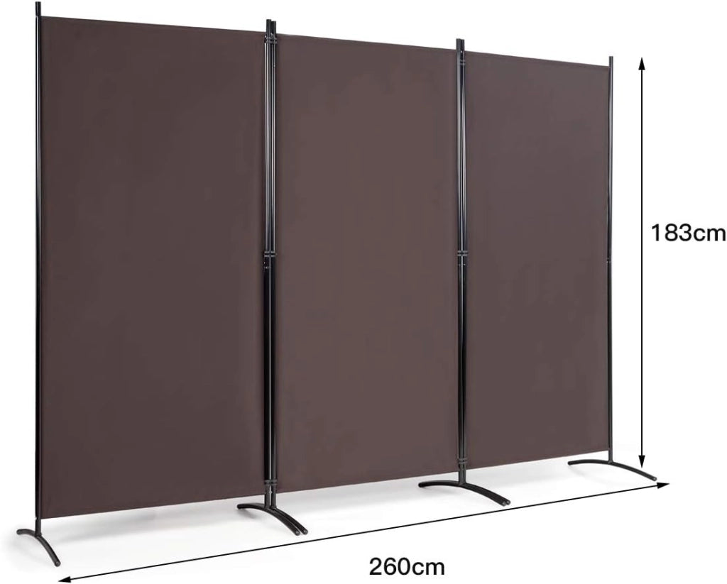 Paravento da Interno in Metallo, Separé Divisorio Interno Pieghevole con Piedini Stabili, Pannelli Divisori per Interni per Casa e Ufficio, 260 x 183cm, 3 Pannelli, Marrone