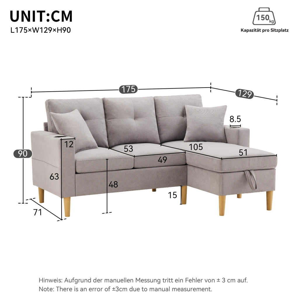 OKWISH Divano con Chaise Longue Reversibile 3 Posti, con Contenitore, Portabicchieri e 2 Cuscini, Cotone Lino, Grigio Chiaro