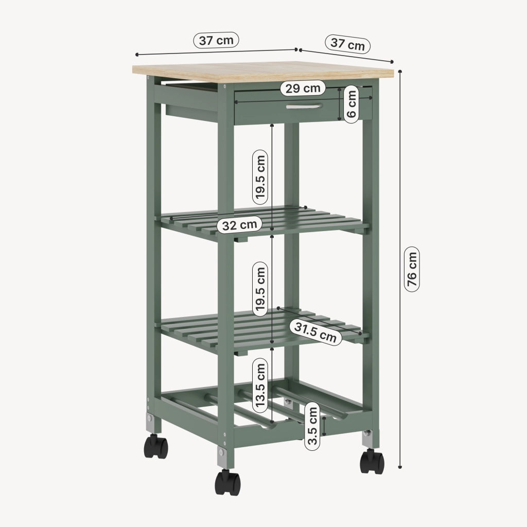 Carrello Portaoggetti Biel con Cassetto 3 Ripiani e Griglia Portabottiglie 76x37x37 cm - Verde / Effetto Legno [en.casa]