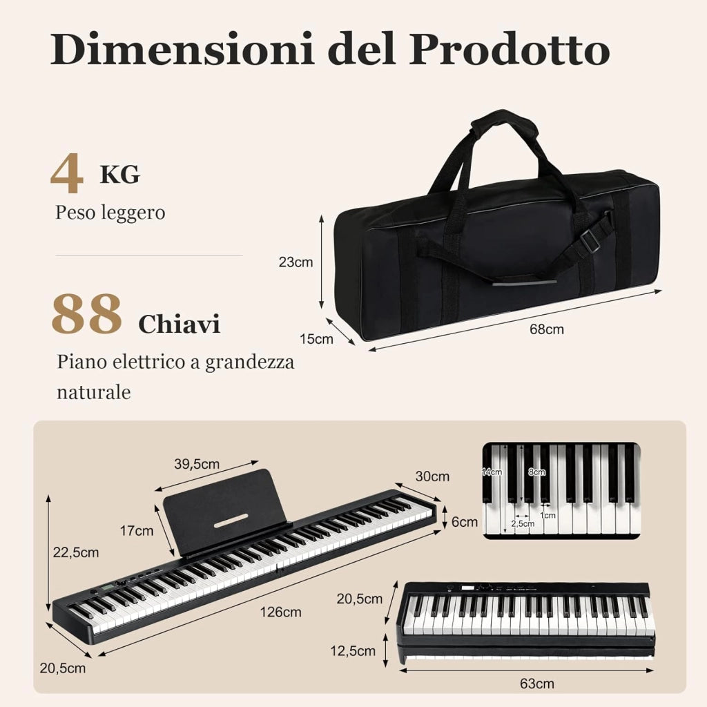 Tastiera Elettronica 88 Tasti Illuminati, Pianoforte Digitale Pieghevole Portatile con Custodia, Sustain Pedali, Modalità di Insegnamento, MP3/USB/MIDI/Bluetooth (Nero)