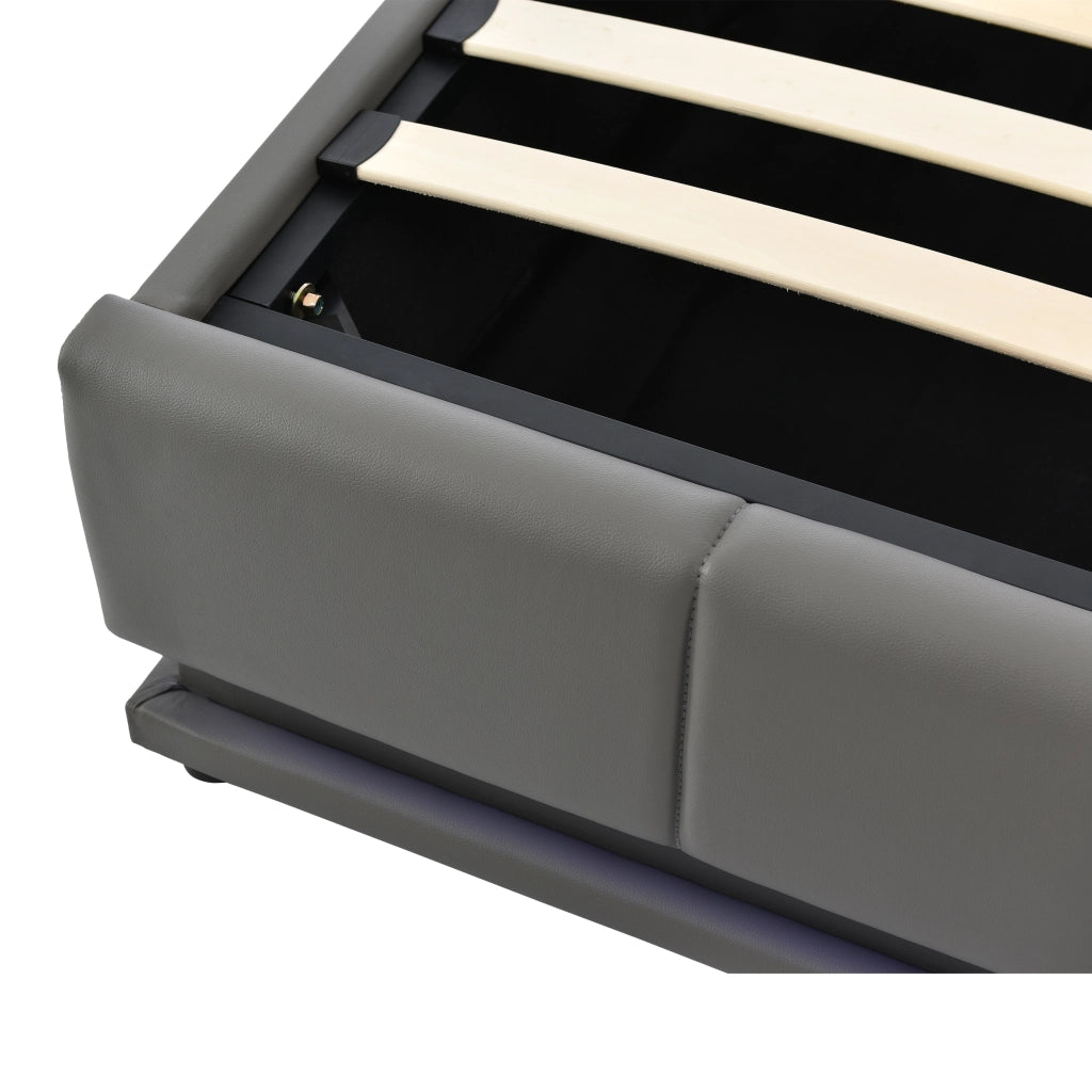 Letto contenitore matrimoniale 140×200 cm con LED e rete sollevabile; senza materasso; grigio