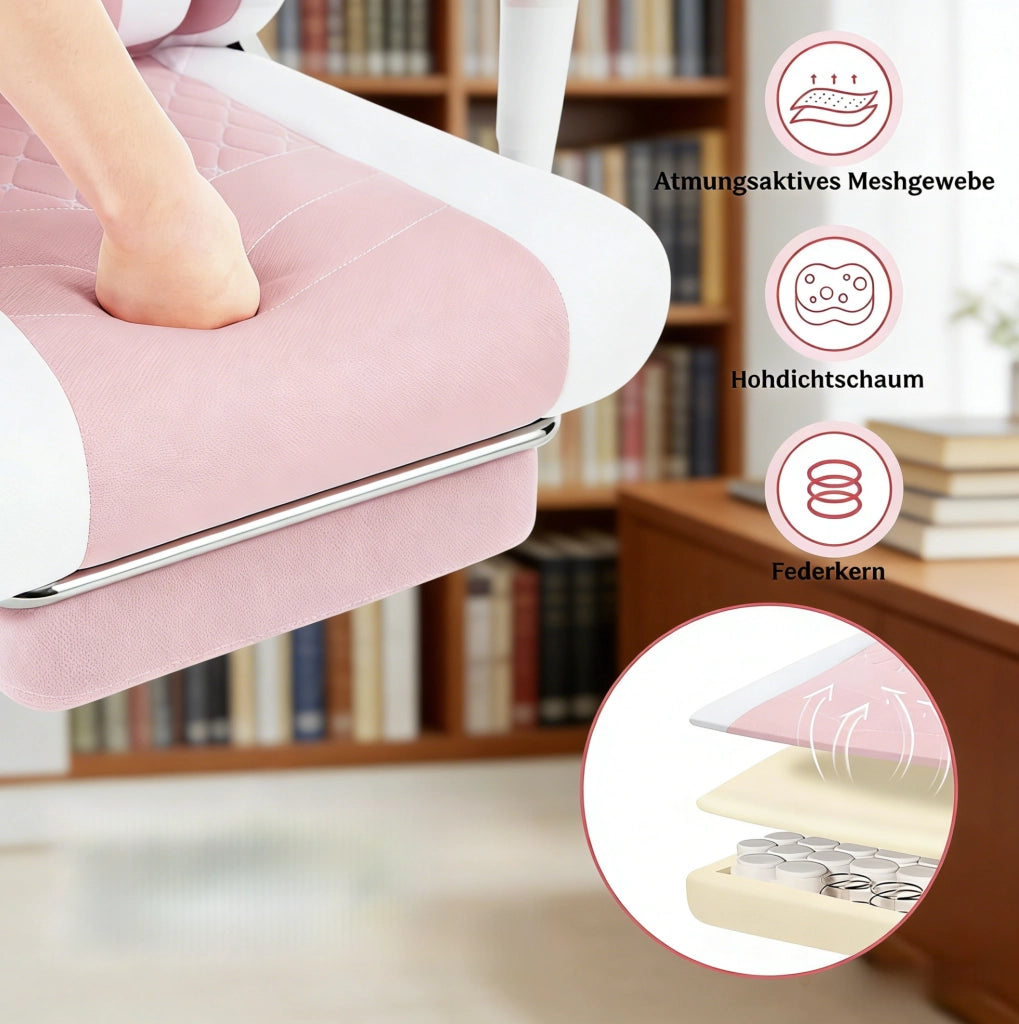 Sedia da ufficio ergonomica rosa e bianca con massaggio