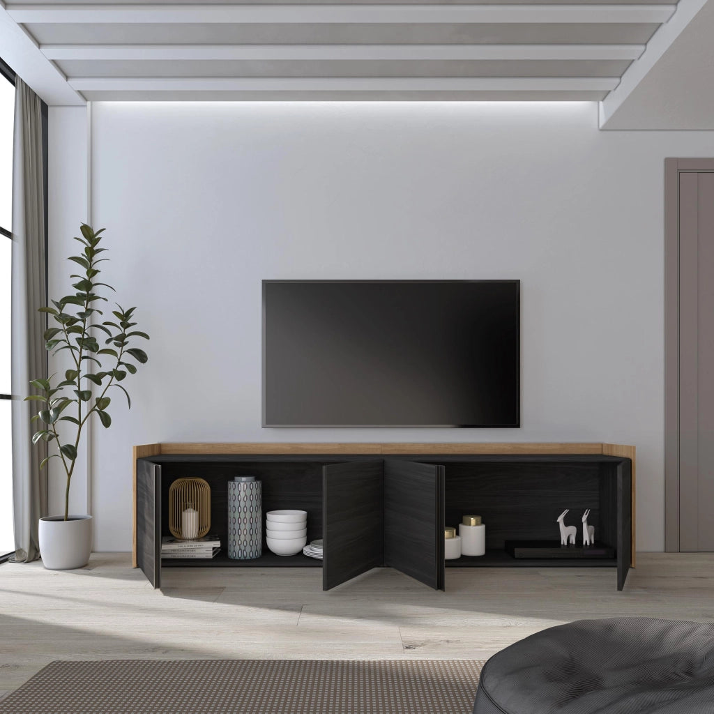 Mobile TV Soggiorno, 207x50x35 cm, Per TV fino a 80", Mobile Soggiorno, Nero e rovere