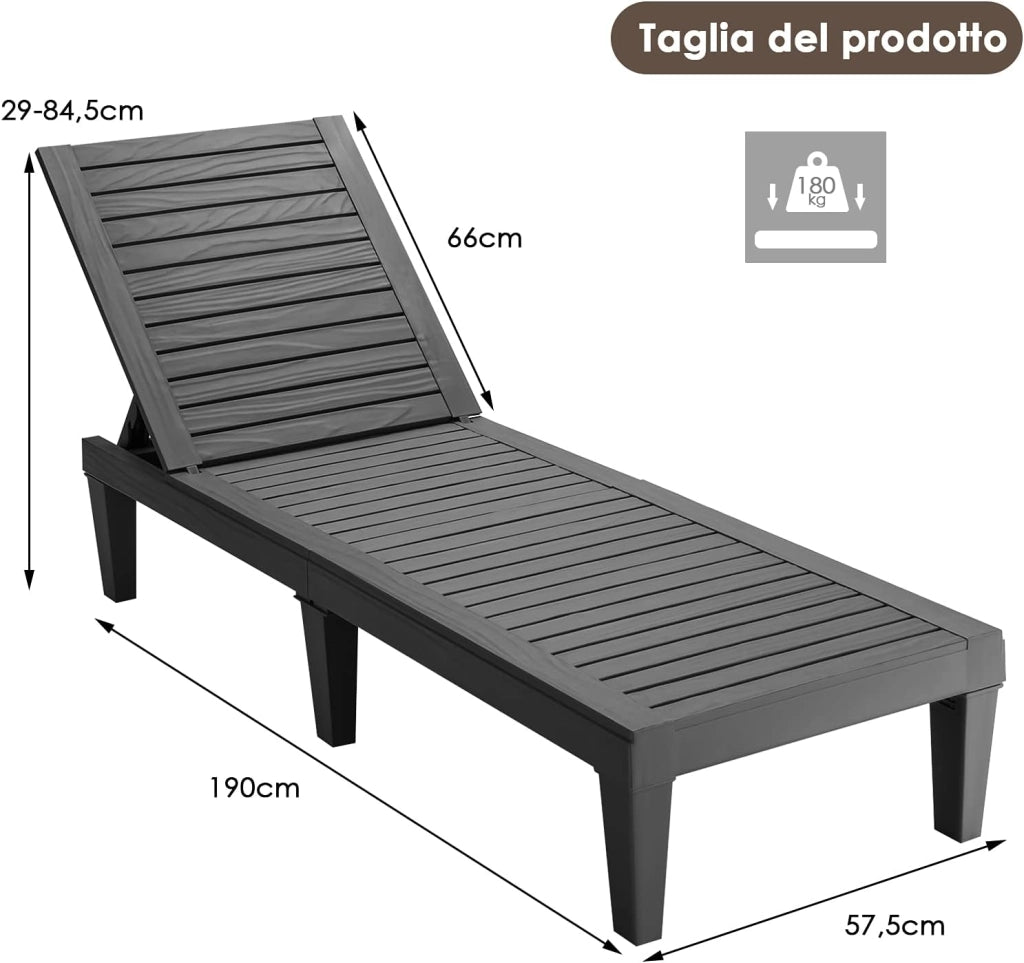 Lettino Prendisole da Giardino, Sdraio da Giardino Con Schienale Regolabile a 5 Livelli, Chaise Longue Impermeabili da Esterno, per Spiaggia Piscina Giardino, Portata 180 kg (2, Nero)
