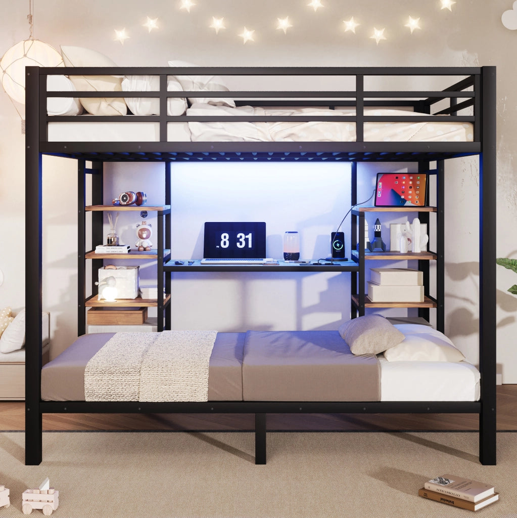 Letto a castello ULEVR 90x200 e 140x200 cm con LED, porte USB, Type-C e presa, ripiani aperti, nero