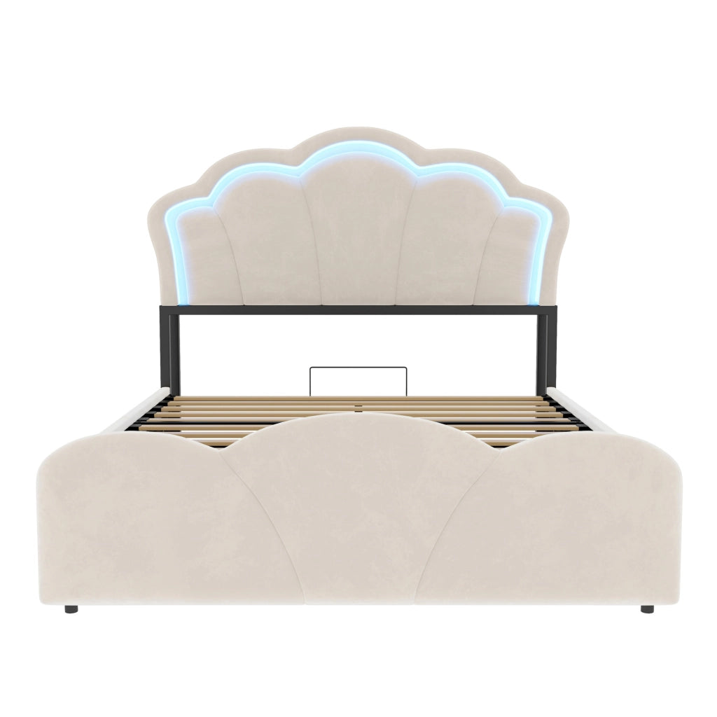 Letto imbottito ULEVR 140x200 cm con contenitore idraulico, LED, prese integrate e vani testiera, beige