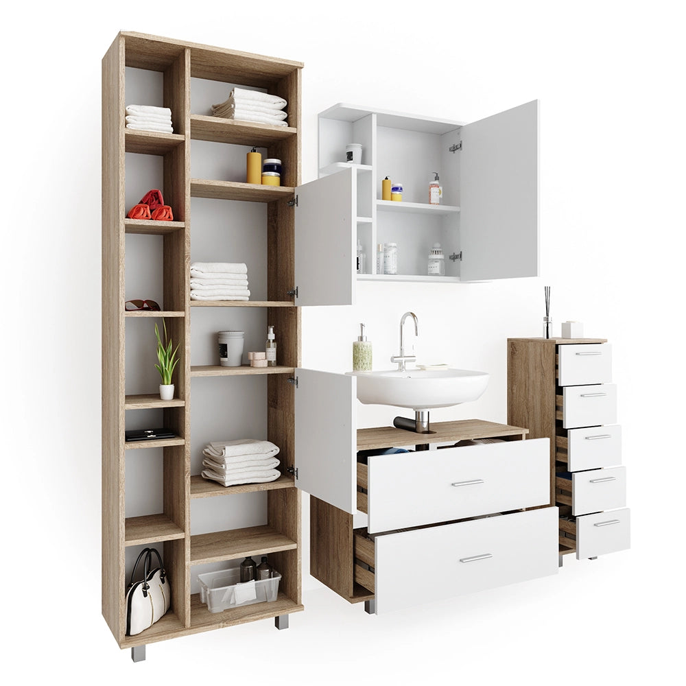 Vicco Set mobili bagno Bianco/Sonoma 4 parti, con armadio alto