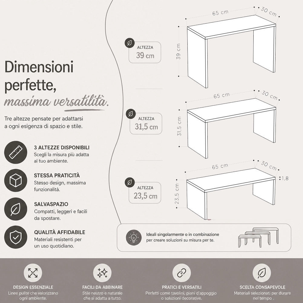 Tavolino Caffe Divano Salotto Rettangolare 3Pz Design Moderno Legno Quercia