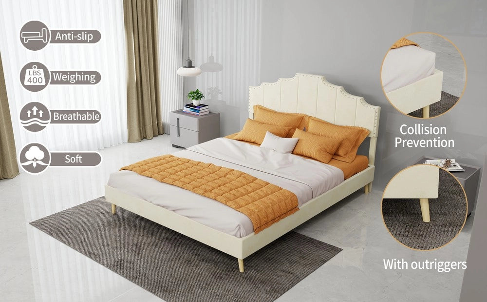 Letto Contenitore Imbottito ¨C MINIMAL ¨C Beige 140x200 con Materasso, Testiera, Multistrato