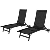 Set di 2 Lettini Prendisole in Alluminio e Textilene con Ruote, Schienale Reclinabile, Carico Max. 150 Kg, Nero