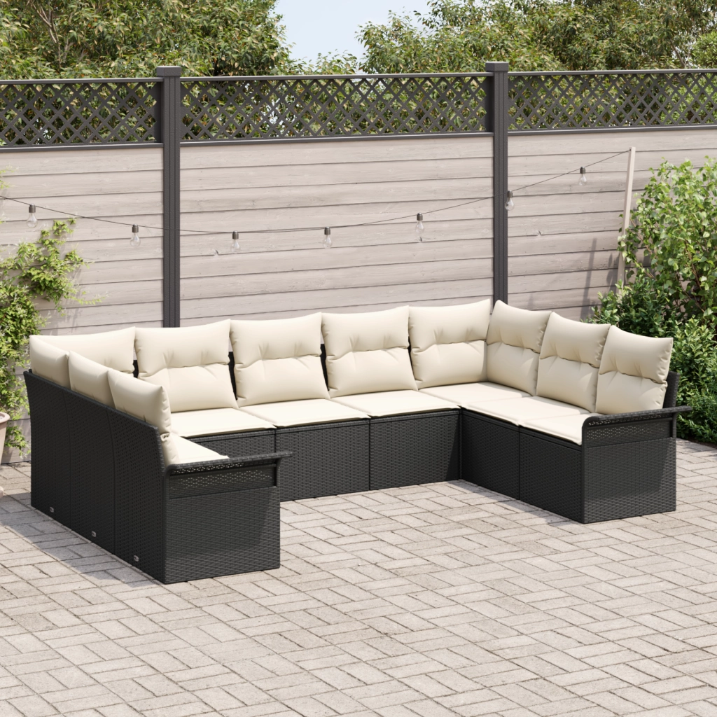 Set di divano da giardino da 9 pezzi con cuscini neri in rattan sintetico