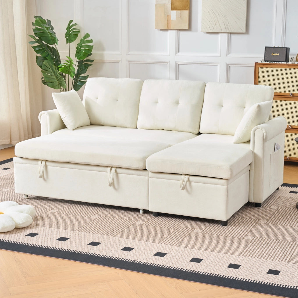 Divano angolare letto con contenitore e chaise longue reversibile in chenille beige