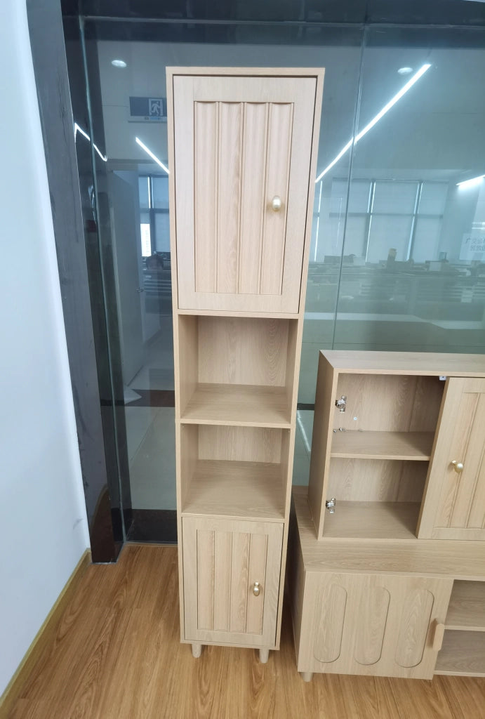 Mobile alto da bagno in stile Mid-Century, con ante a doppia porta e ripiani aperti, 32 x 30 x 169 cm, finitura effetto rovere