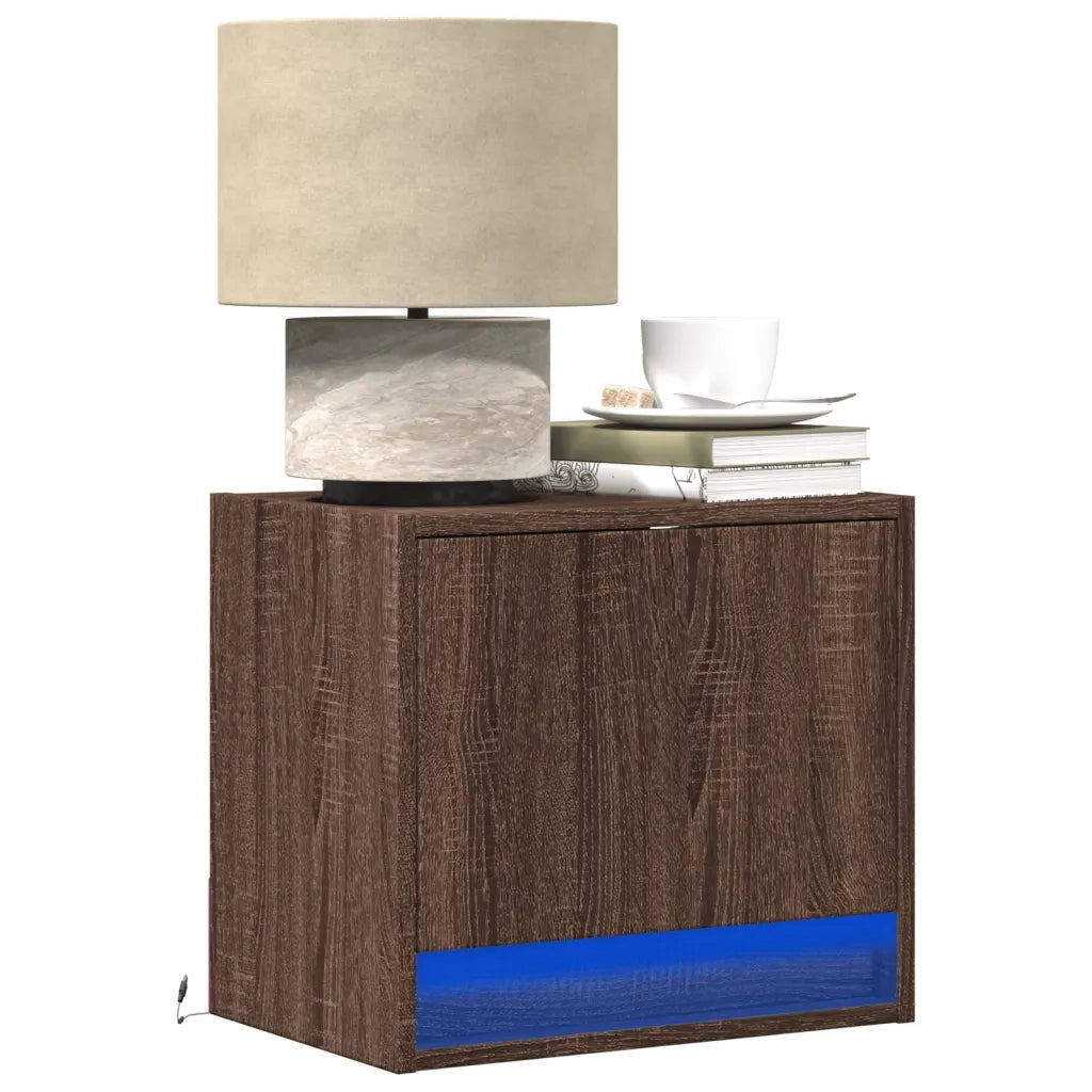 Set di 2 Comodini | Armadio da Notte | Mobiletto da notte a Parete con luci LED Rovere Marrone