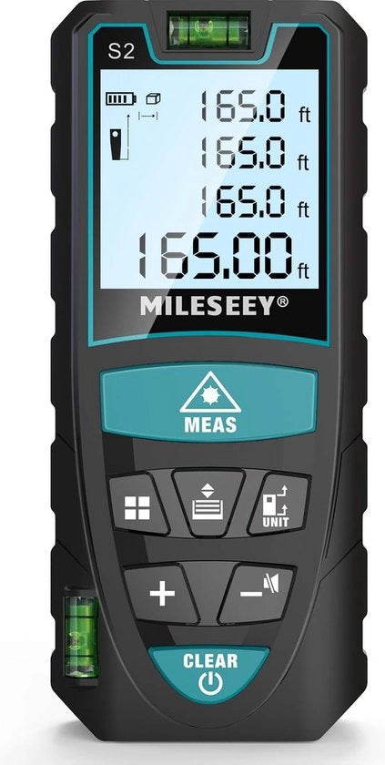 Misuratore di distanza laser 50m/165ft, Misuratore di livello digitale con laser con schermo LCD e illuminazione di sfondo, display a 4 linee, unità di misura di superficie, volume, lunghezza, IP54, con cinturino di livello e 2 batterie.