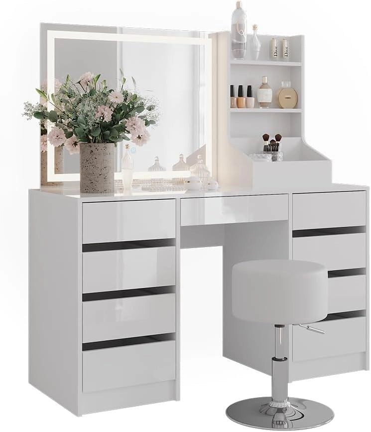 Tavolo da toeletta Sherry, Bianco/bianco lucido, 128.2 cm 4 parti