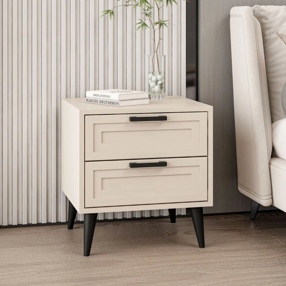 Comodino Prime con 2 cassetti colore cashmere con maniglie e piedini neri