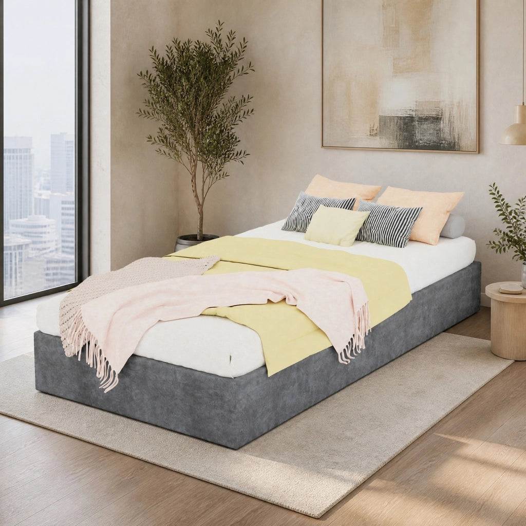 Letto singolo imbottito con contenitore pneumatico 90x200 cm; grigio