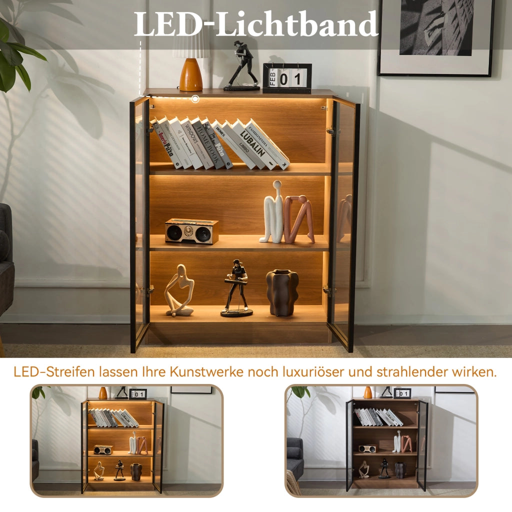Vetrina con 2 ante; 3 ripiani e illuminazione LED - per soggiorno - 80×30×106 cm