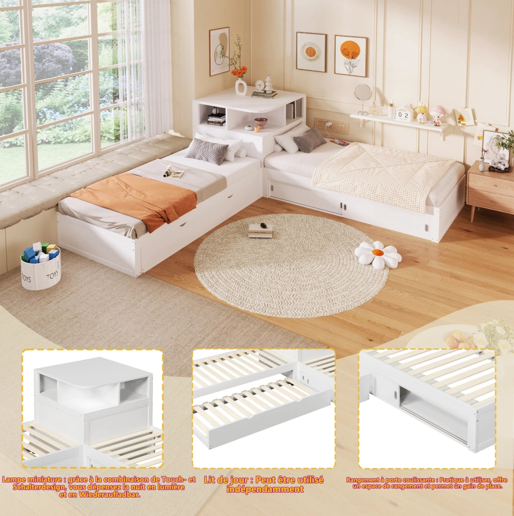 Letto singolo a L 90x200 cm con letto estraibile e LED