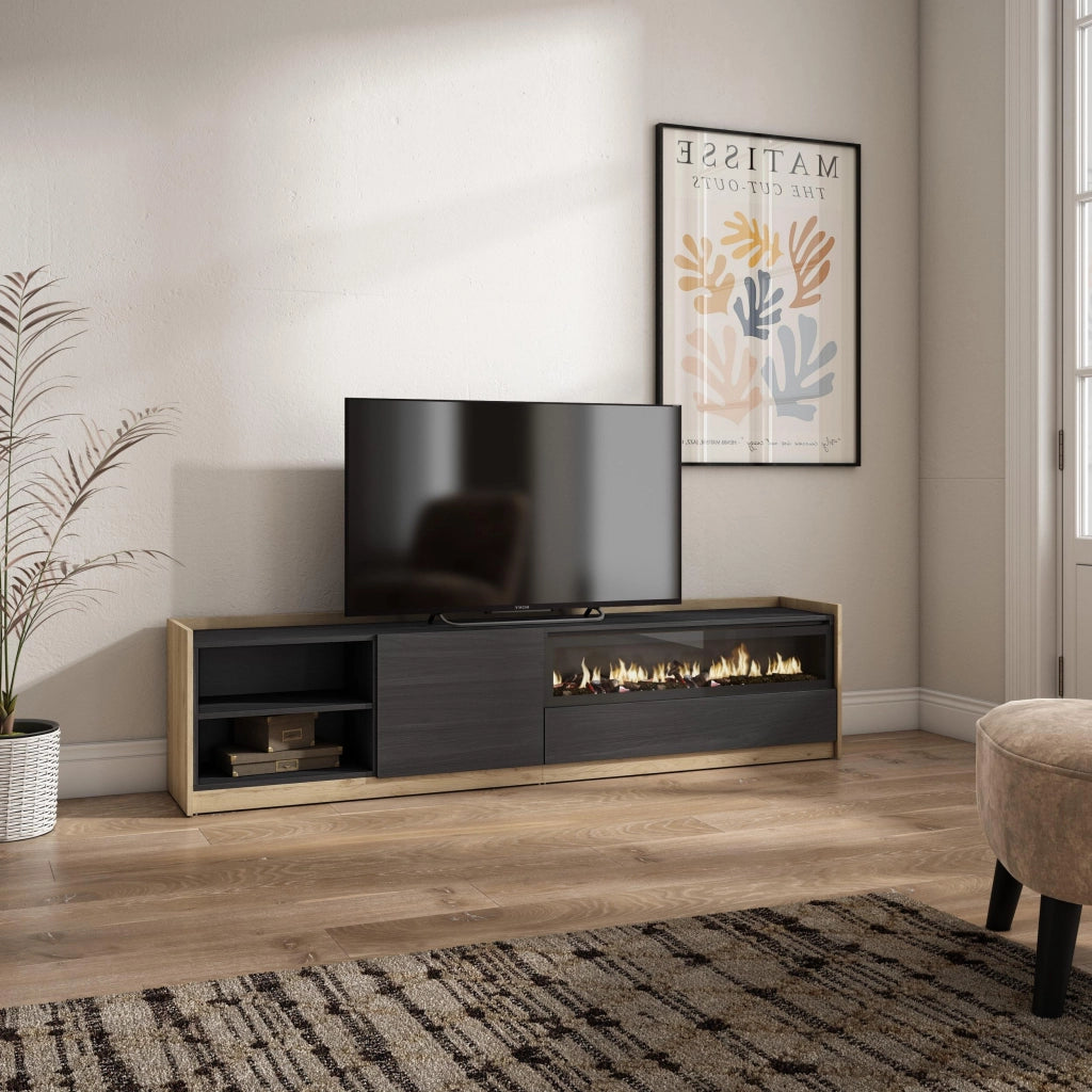 Mobile TV Soggiorno, 207x50x37 cm, Per TV fino a 80", Camino elettrico, Nero e rovere