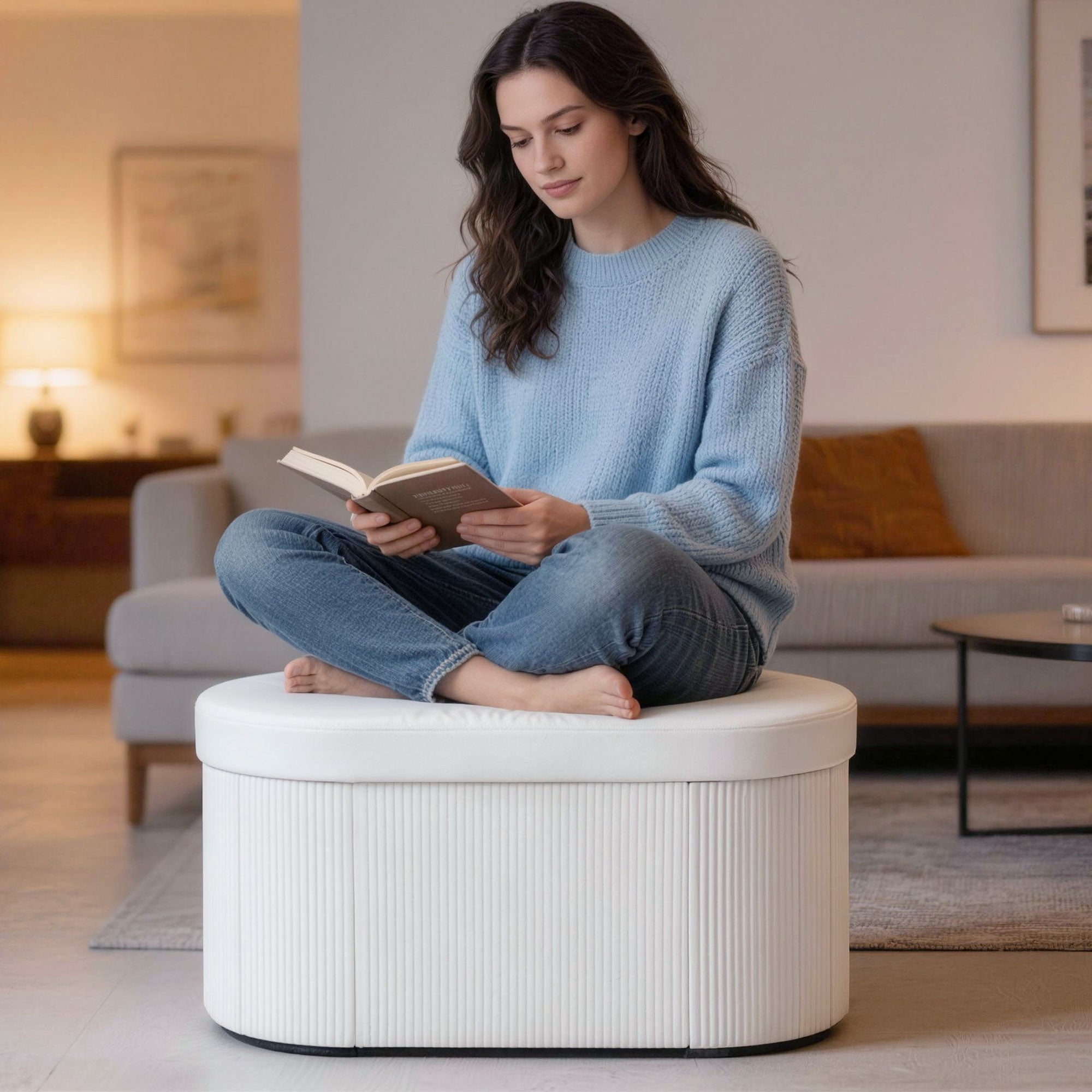 Pouf Contenitore Pieghevole 76x38x35 cm con Vano da 72L e Rivestimento in Velluto Crema
