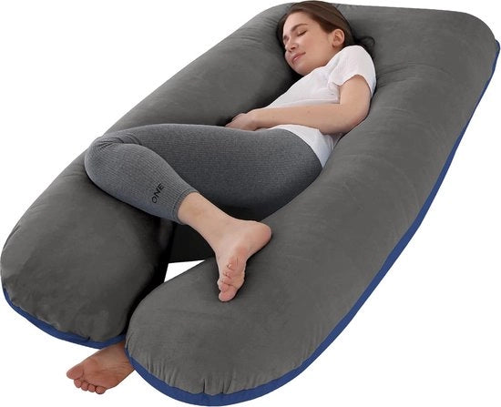 Cuscino per gravidanza, cuscino per alimentazione, premium XXL, cuscino per gravidanza a forma di U con copertura rimovibile in velluto lavabile (tessuto a patchwork blu marino, grigio, 70 x 150 cm)