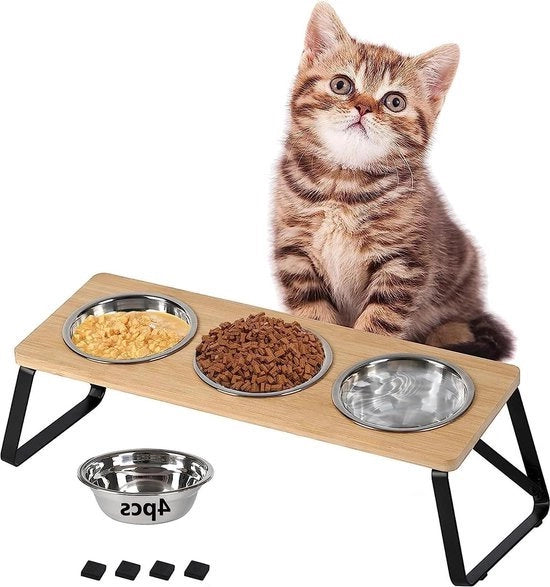 Stazione di alimentazione per gatti in rialzo - Scatola di cibo per gatti in legno con 4 bacinelle in acciaio inossidabile - Bacinelle per acqua e cibo per gatti e cuccioli