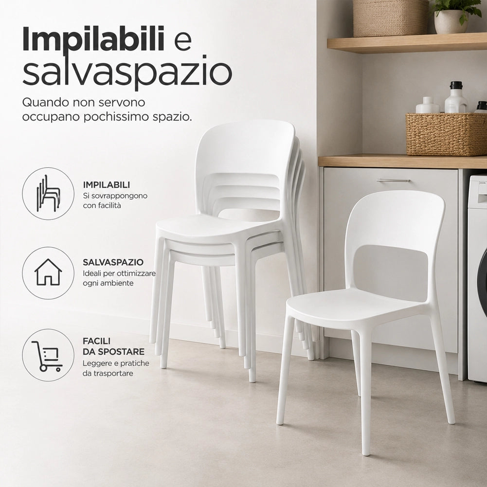 Set 4 Sedie da Pranzo Impilabili 40x45x80 cm Modello Stoccolma in Polipropilene Bianco